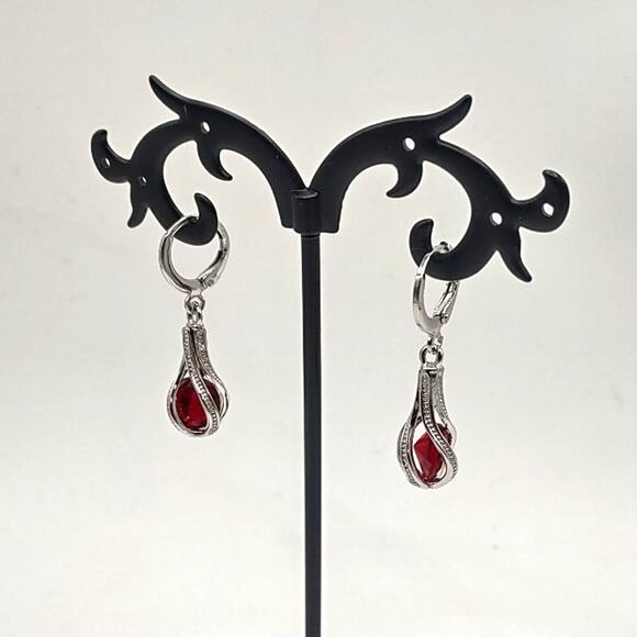 925 Silver Earrings Teardrop W/ Lab red Ruby Pendants Fashion Birthday Gift NEW! - Picture 5 of 6